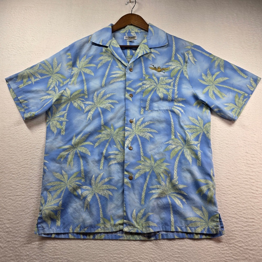 Edwards Palm Tree Shirt Mens Medium Blue Aviation‎ Wings Embroidered Camp Collar